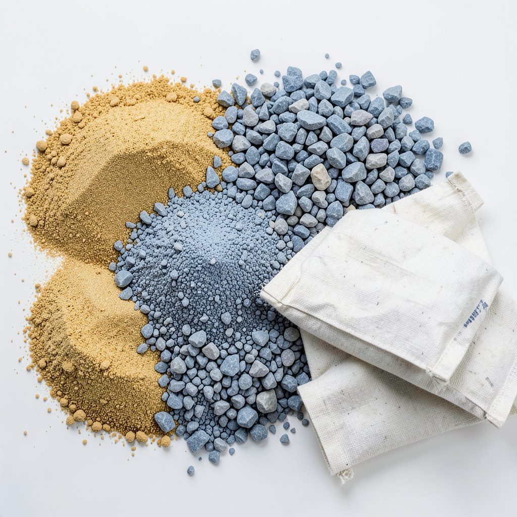 Collage of construction aggregate materials including golden sand, blue-gray crushed stone, and cement bags arranged on a clean surface