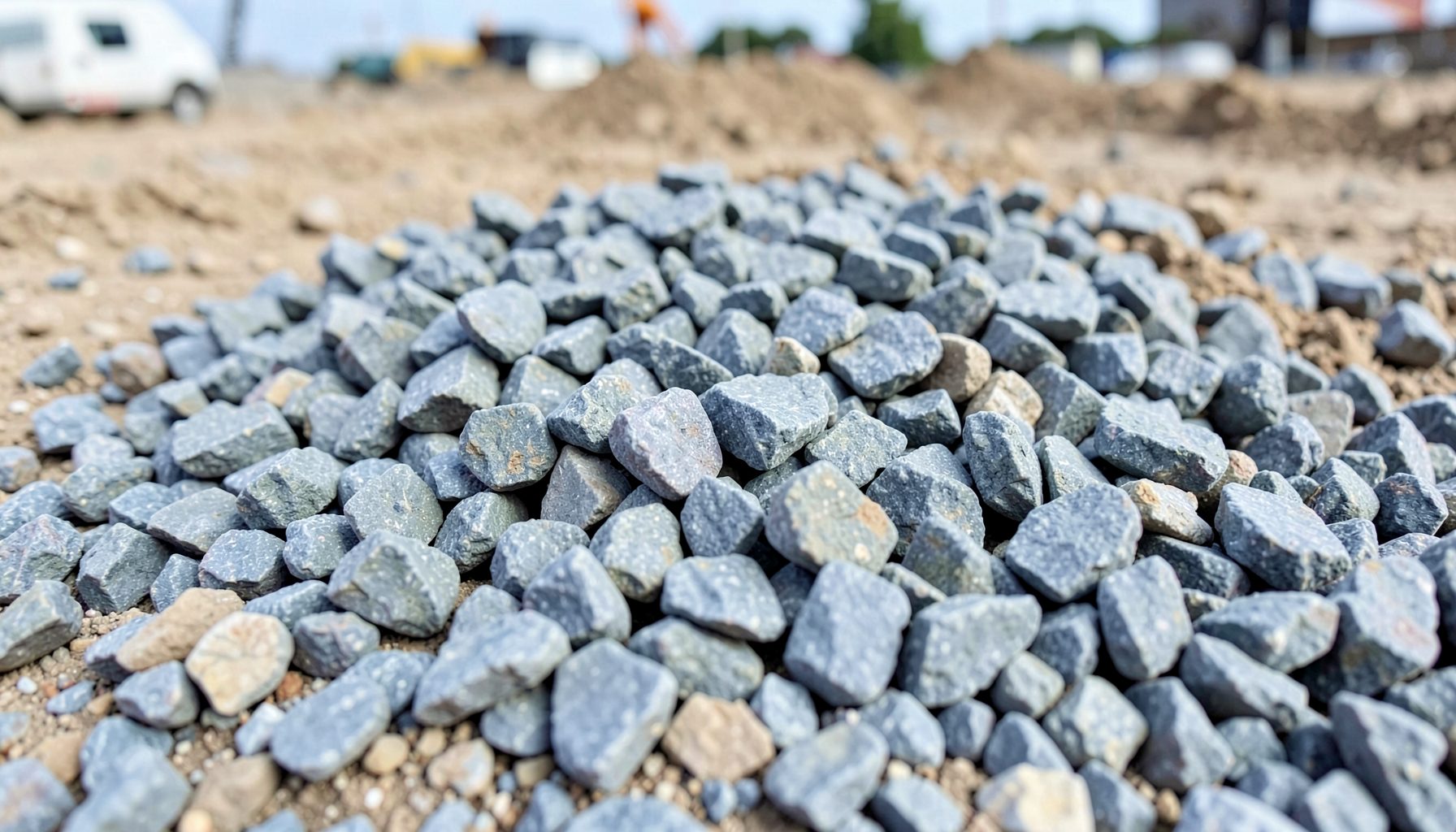 A close-up of 0x4 crushed stone aggregate, angular gray-blue fragments spread on the ground at a construction site
