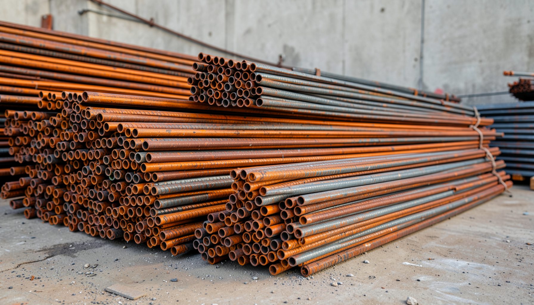 Steel rebar bundles stacked at a construction materials yard, warm industrial tones of rust orange and gunmetal gray against a muted concrete backdrop