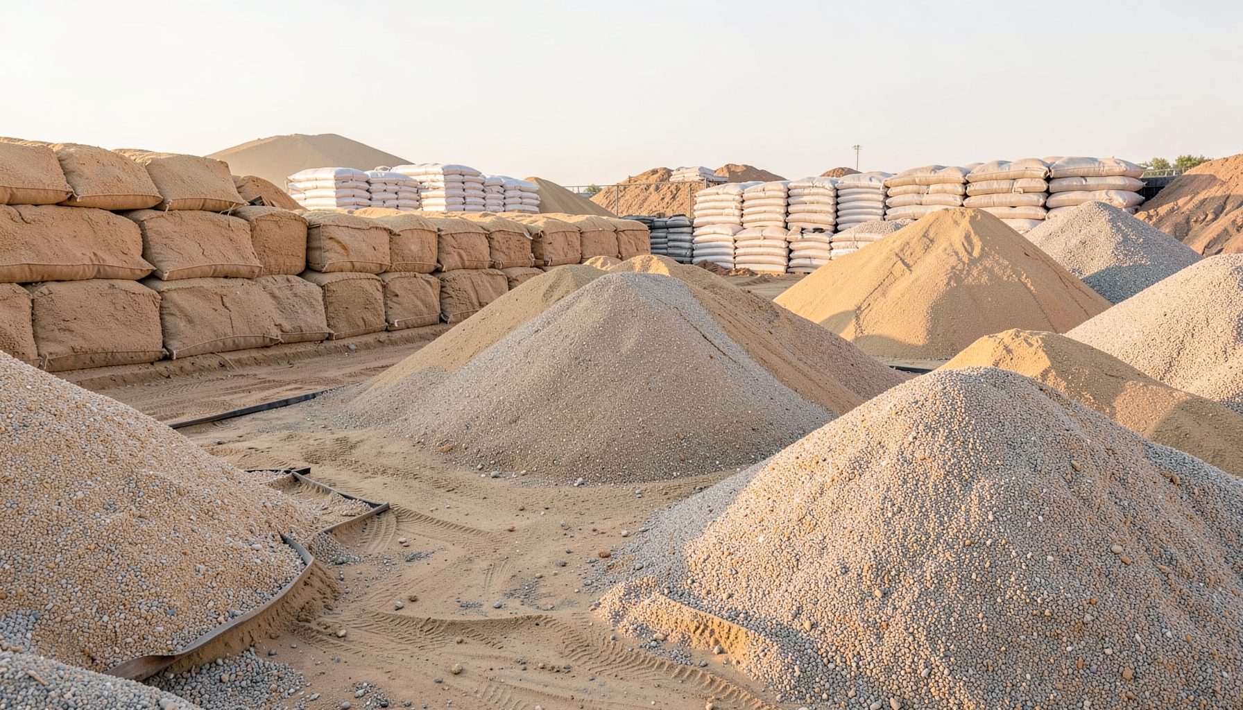 Wide view of neatly stacked construction sand and gravel piles at a building materials yard, warm earthy tones of beige, gold, and grey under soft morning light