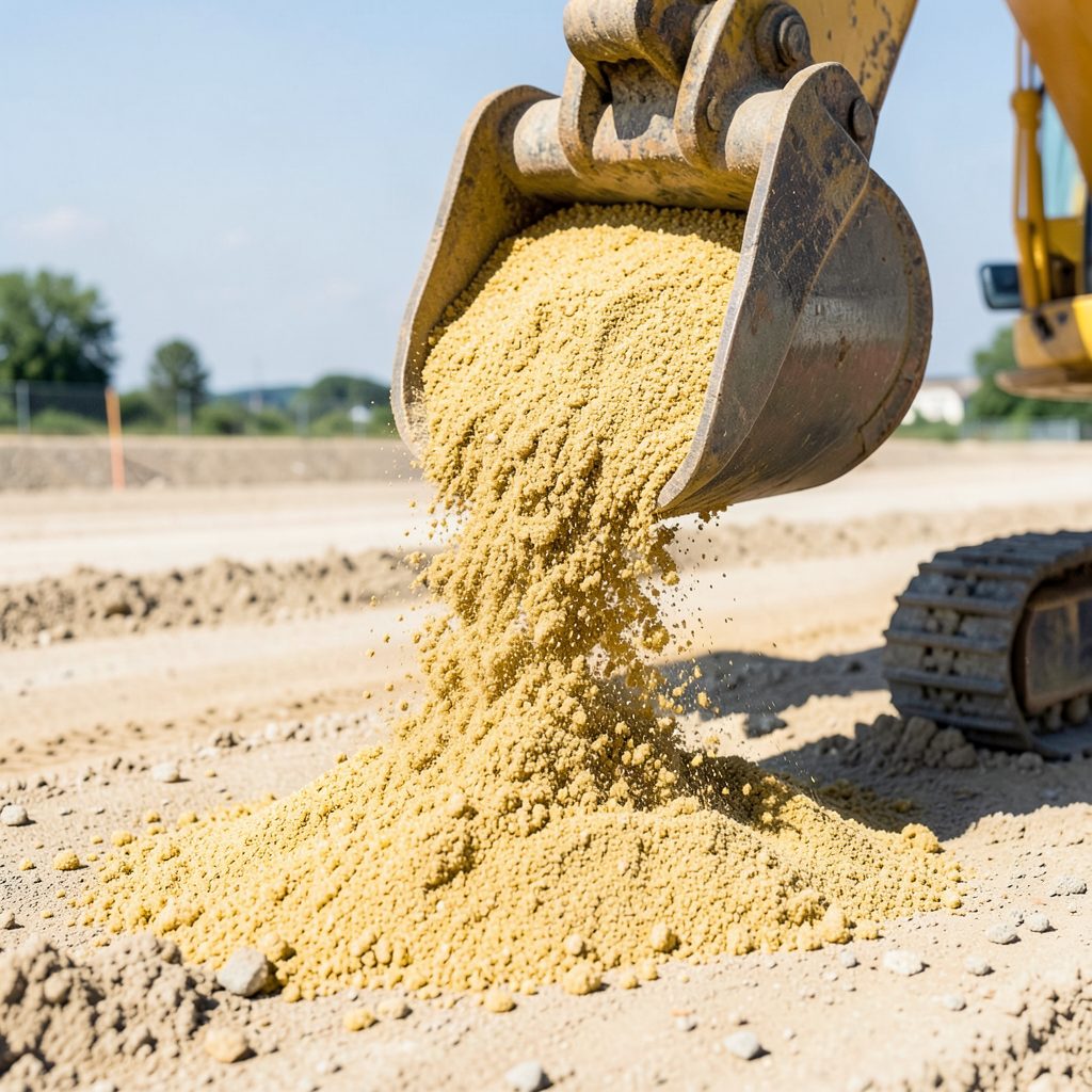 A close view of coarse golden sand spilling from the bucket of an excavator onto a leveled construction site under bright daylight