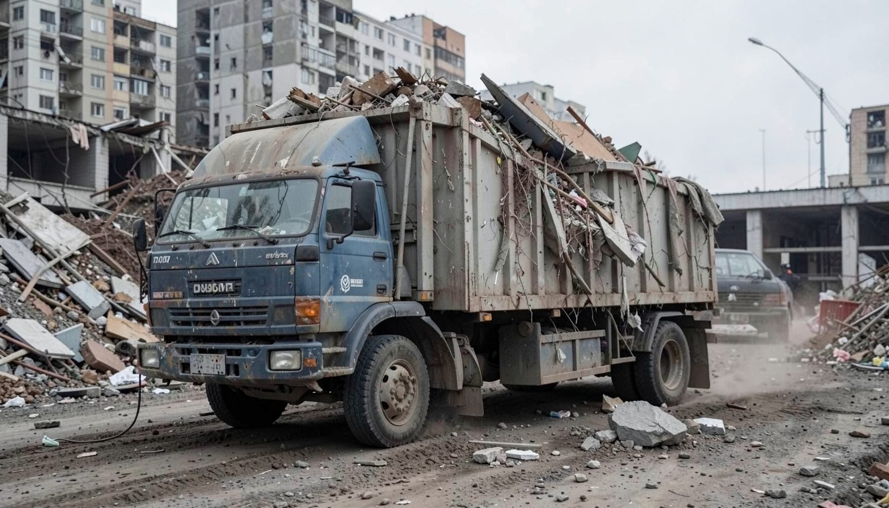 A truck loaded with construction debris and rubble departing a demolition site, muted gray and brown tones, urban backdrop