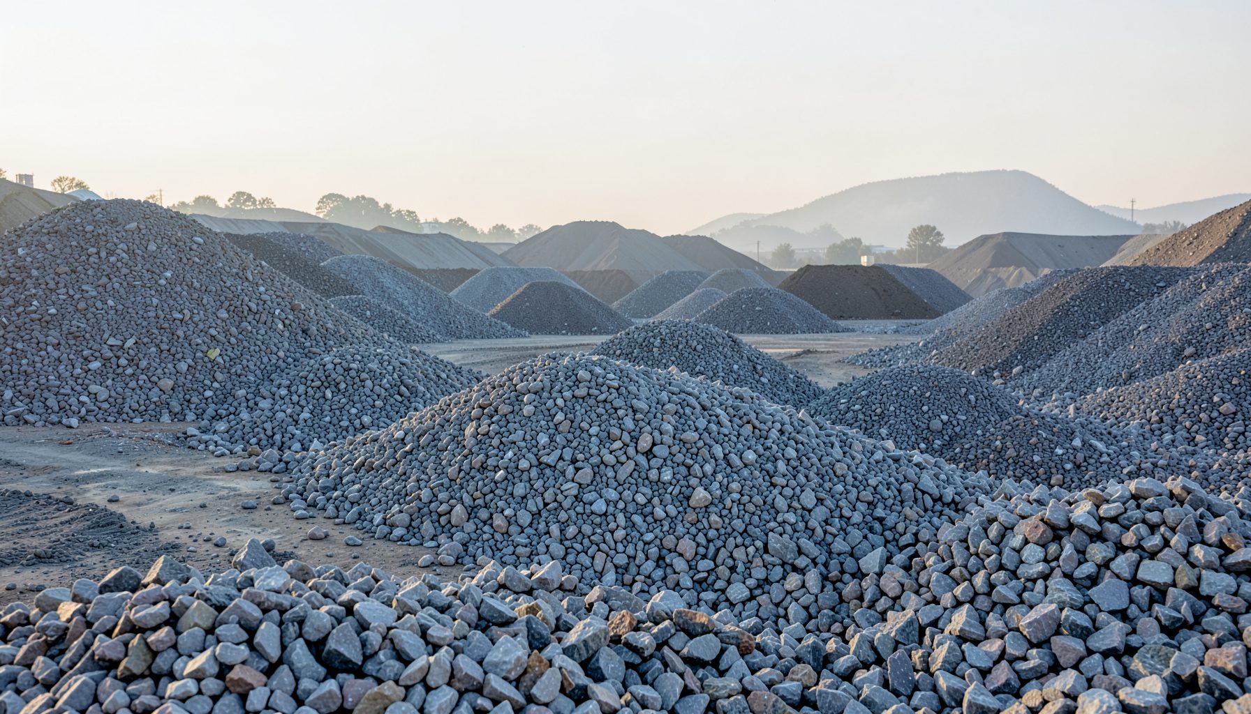 A wide-angle view of a construction stone yard with piles of crushed stone in various sizes, predominantly gray and blue-gray tones, under soft morning light with a slightly hazy atmosphere