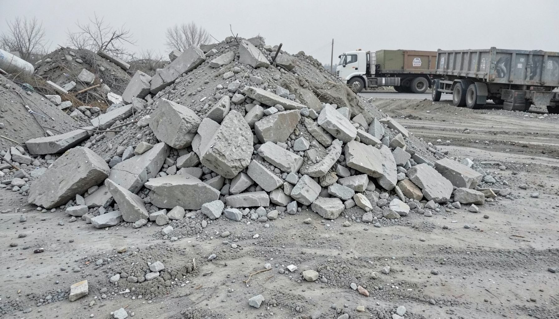 A pile of construction rubble and broken concrete debris on a cleared site, gray and dusty tones, with a truck in the background