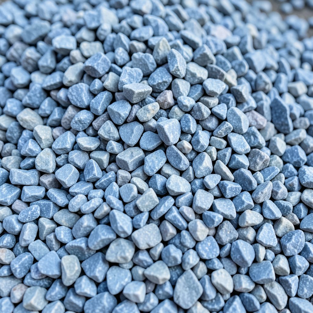 Pile of blue-gray crushed stone aggregate, angular fragments in cool tones