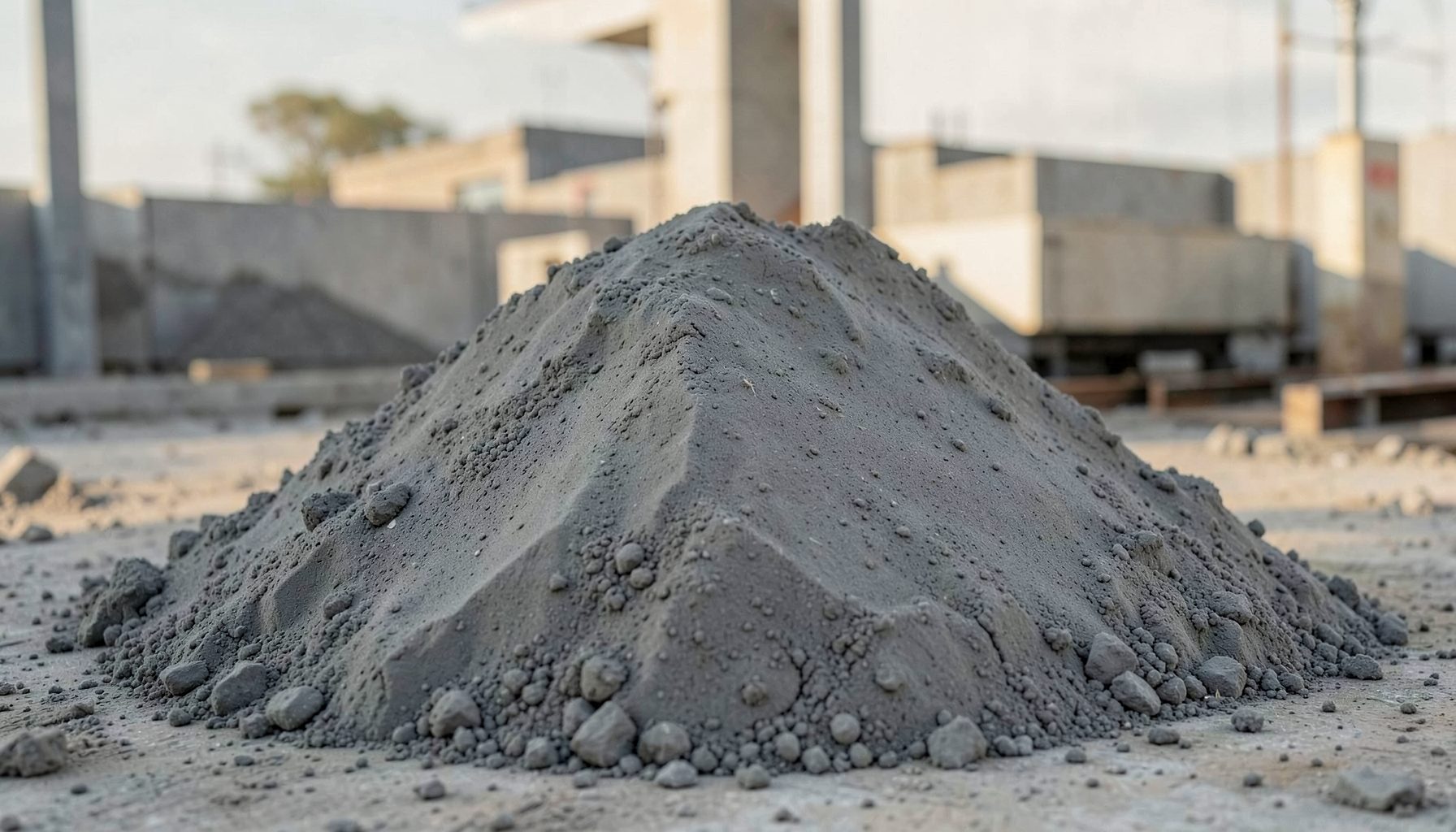Gray cement powder piled on a construction site with soft morning light, muted industrial tones of gray and beige