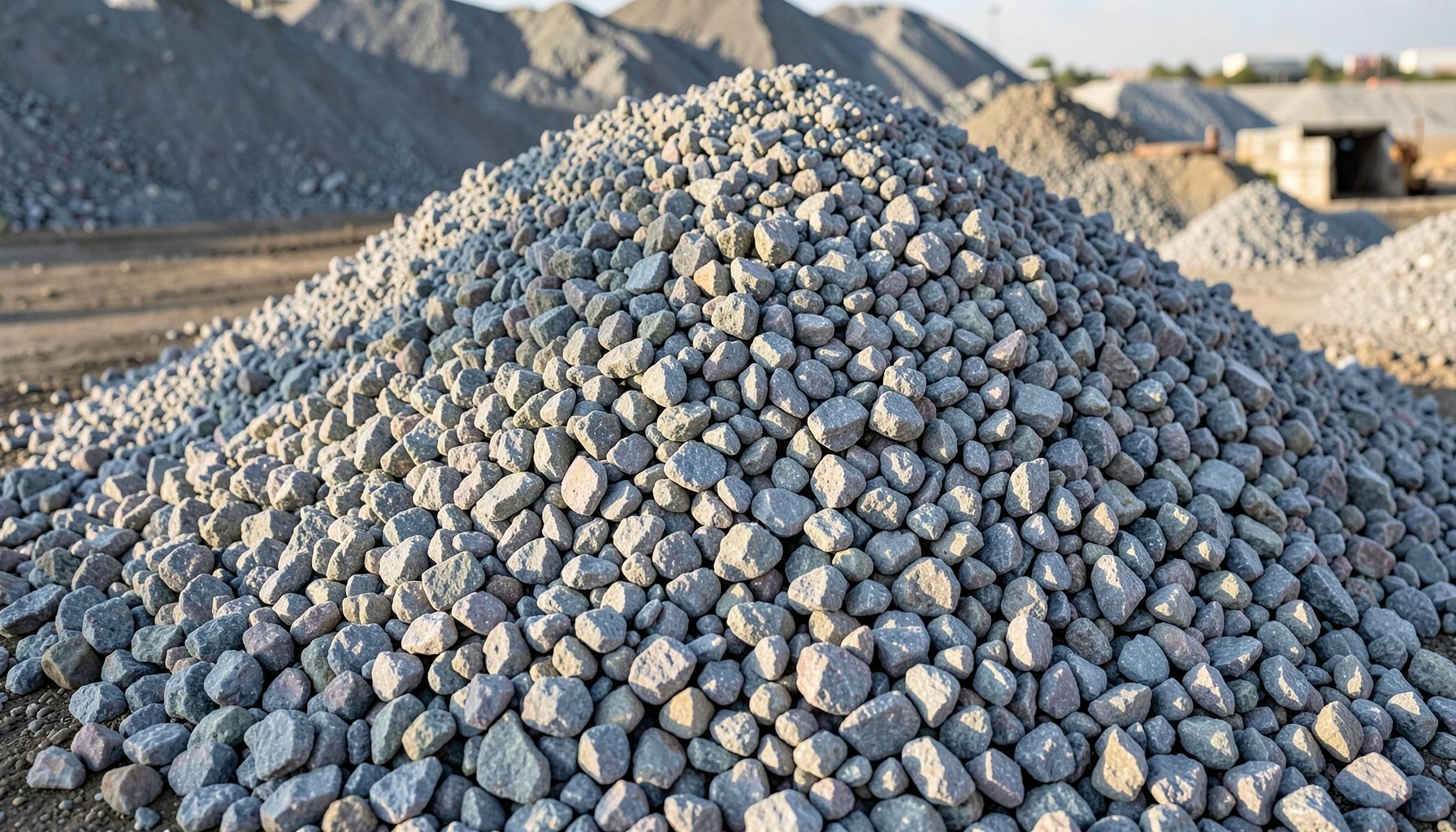 A pile of 0x4 grade crushed stone at a supply yard, blue-gray angular gravel, morning sunlight casting soft shadows