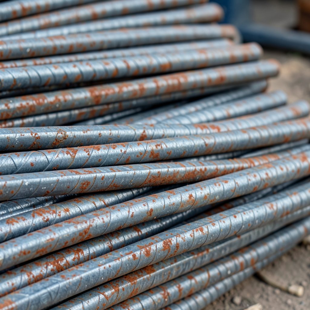 Bundles of ribbed steel rebar stacked horizontally, metallic gray with rust-colored patina