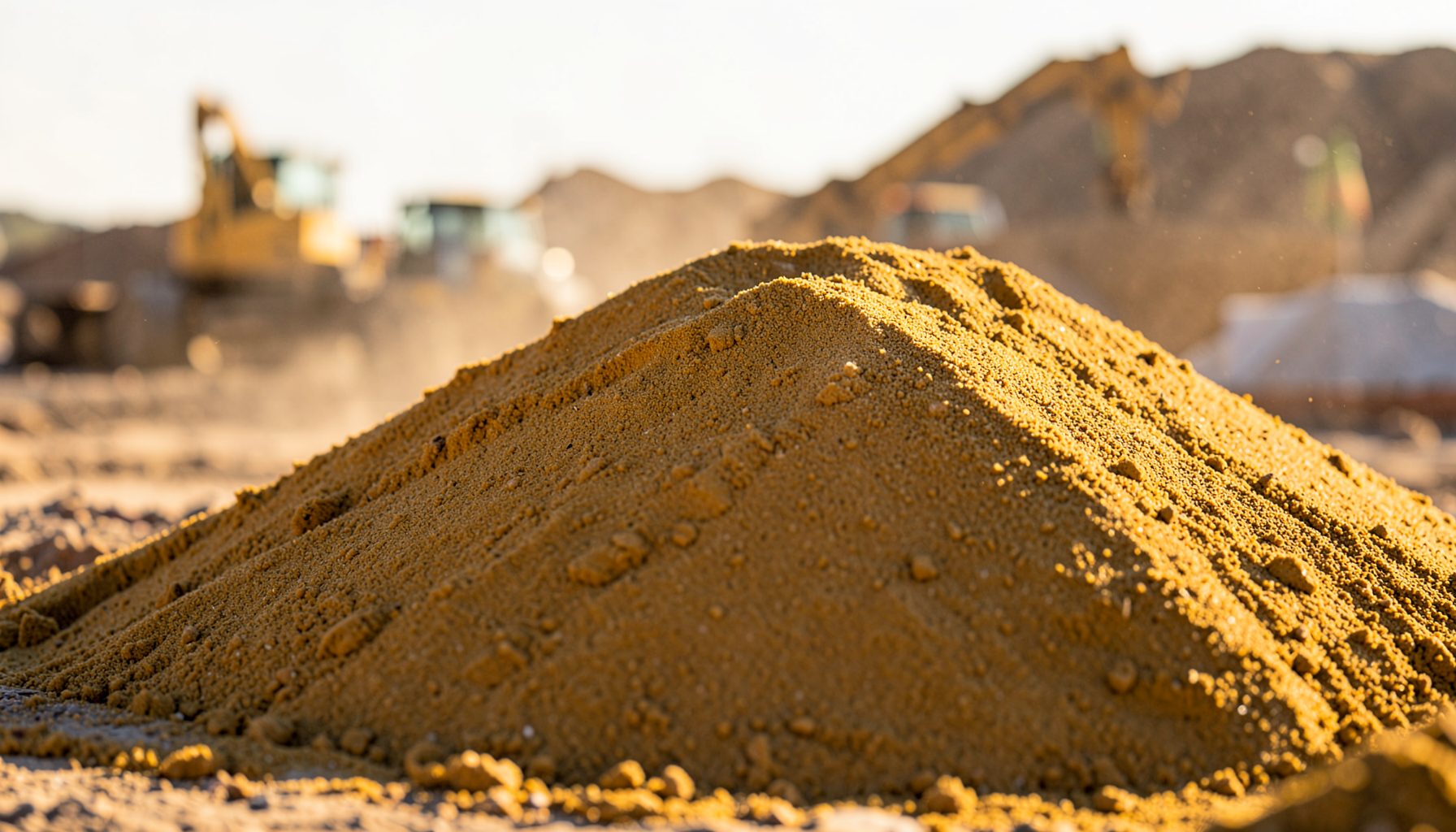 A wide mound of golden construction sand on a worksite under warm afternoon sunlight, with subtle dust in the air and blurred machinery in the background