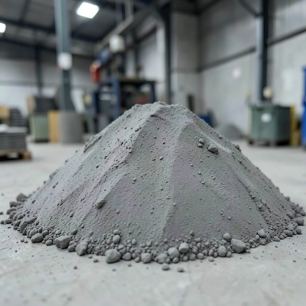 Gray cement powder in an industrial setting, fine texture with subtle tonal variations