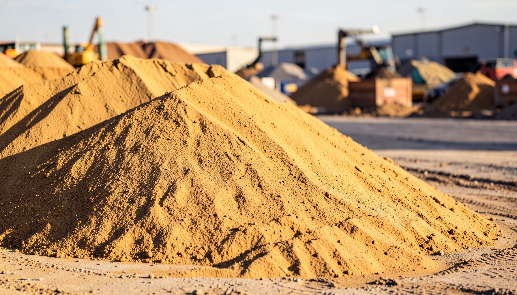 Wide view of a large sand pile at a construction materials yard, warm golden-brown tones under bright daylight, with a blurred industrial backdrop of storage bays and machinery