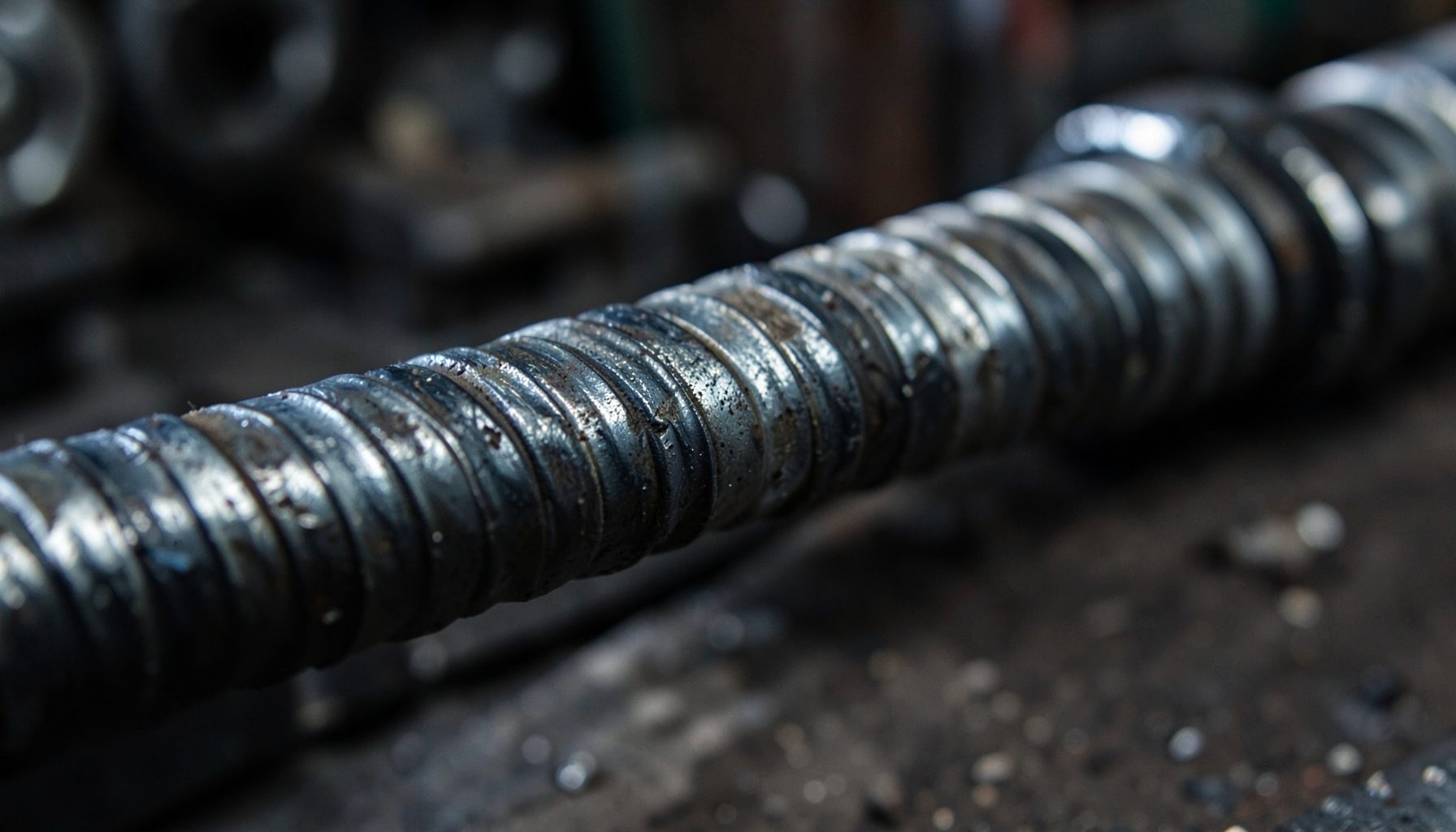 Close-up of ribbed steel rebar with a dark industrial texture, deep charcoal and silver tones against a moody workshop backdrop