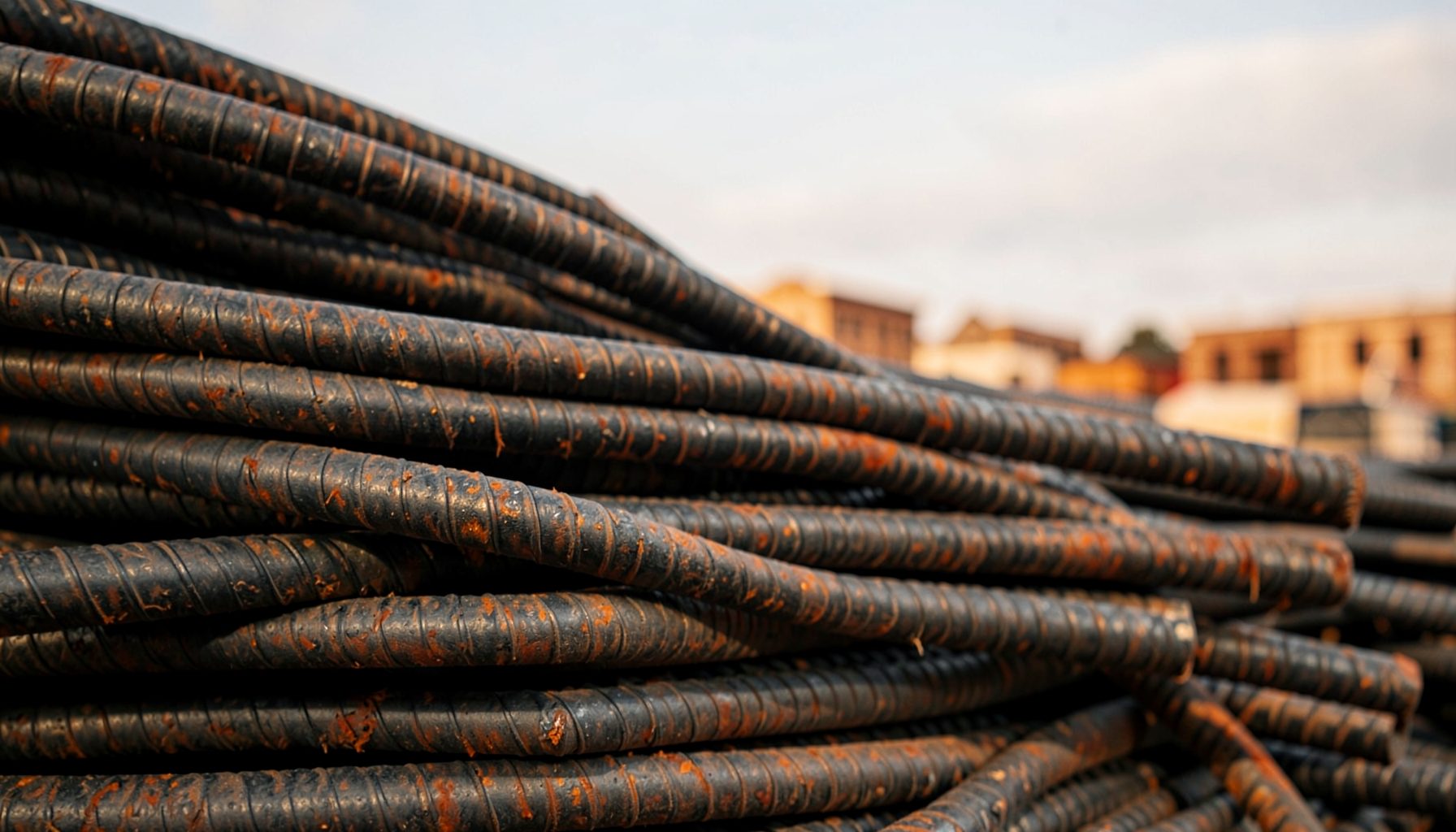 Close-up of ribbed steel rebar rods stacked in a construction yard, warm industrial tones of dark grey and rust-orange against a muted sky