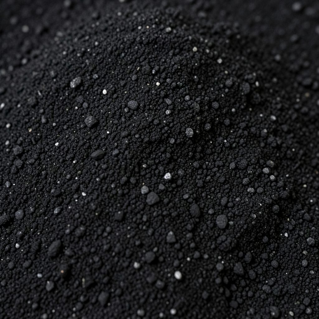 Dark black construction sand, fine-grained with a consistent deep charcoal color