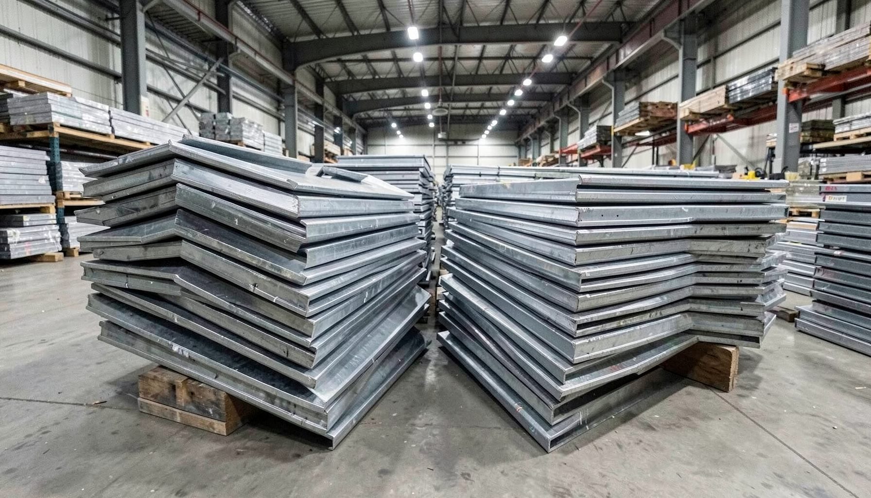 V-shaped steel profiles stacked in a warehouse, metallic gray and silver tones, industrial lighting, clean and organized storage