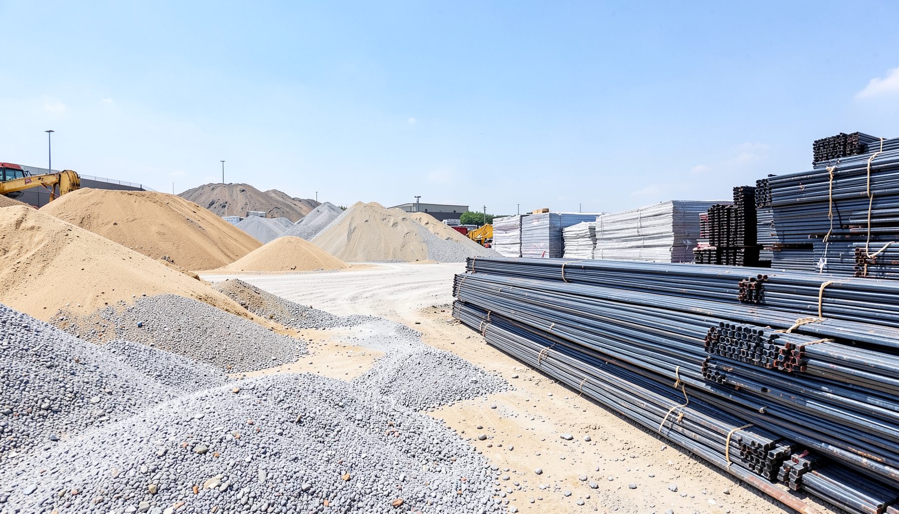 Wide view of a construction materials yard with piles of sand, gravel, and stacked steel bars under a bright sky, conveying industrial scale and reliability