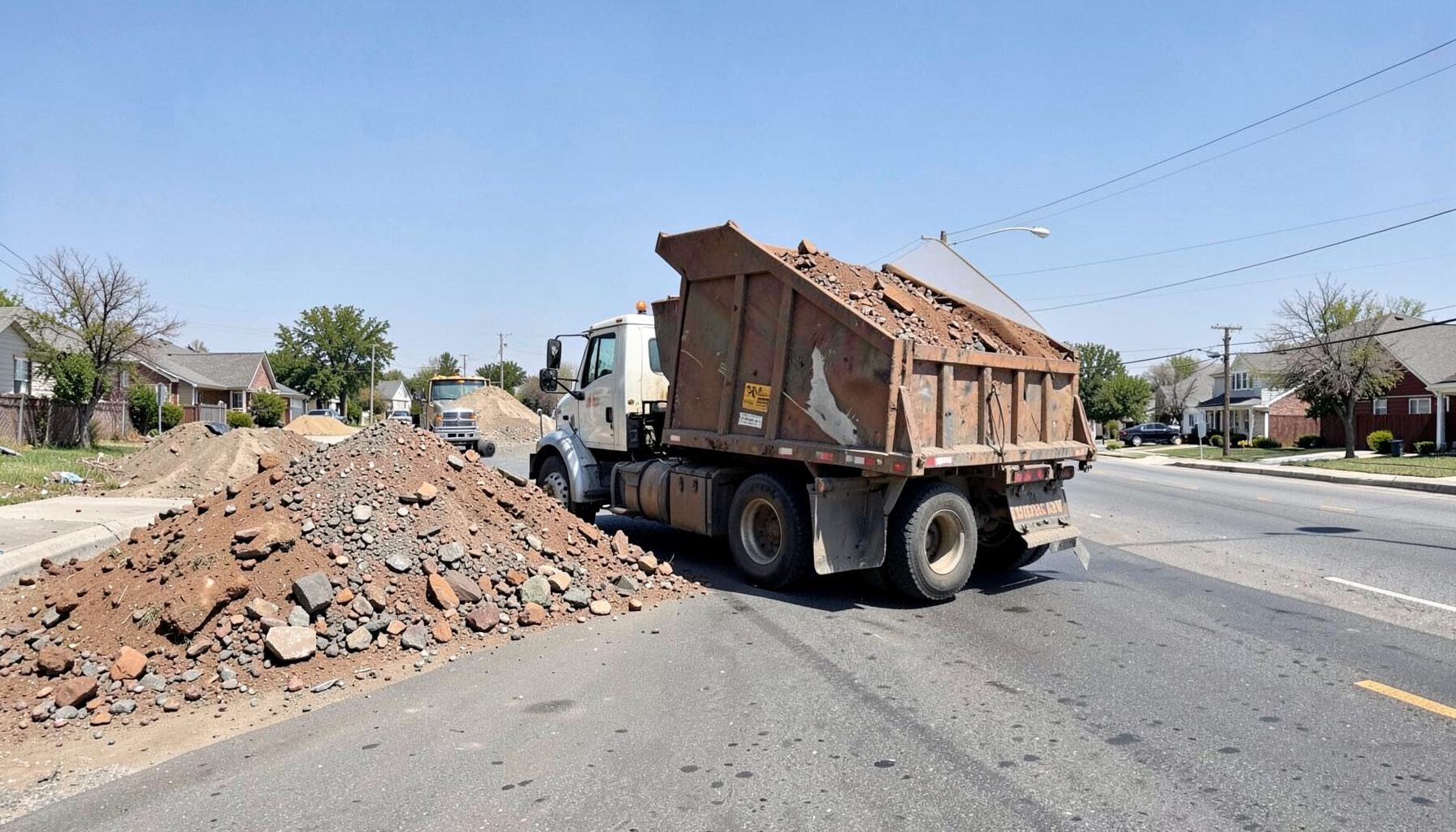 A tipper truck transporting construction rubble along a suburban road, earthy brown and gray tones, clear daytime sky