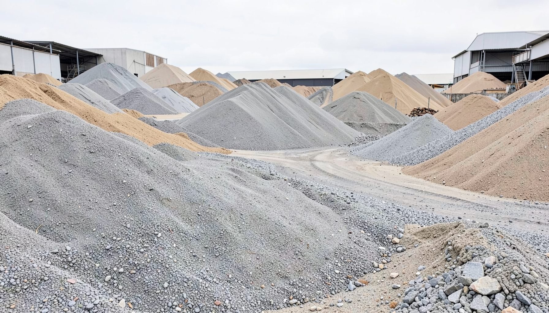 A broad warehouse yard filled with organized mounds of construction sand and crushed stone in neutral grey and warm beige tones, conveying industrial scale and reliability