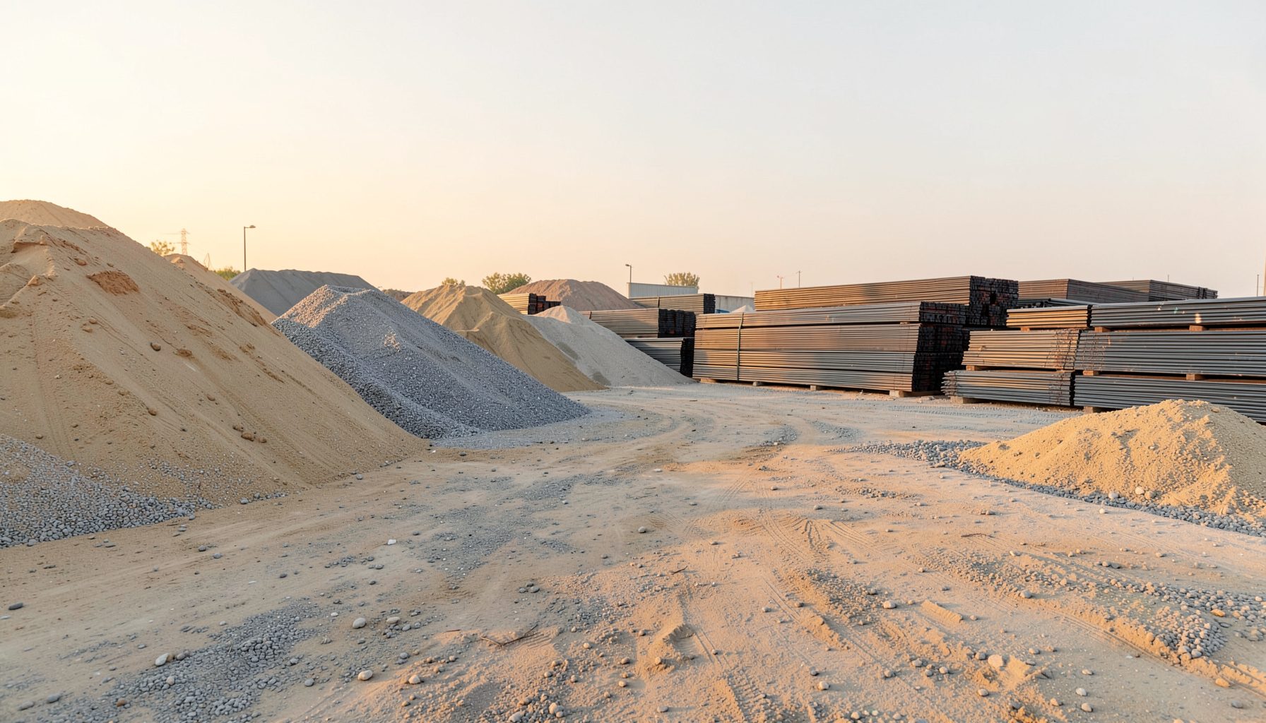 A wide-angle view of a construction materials yard with piles of sand, gravel, and stacked steel bars under soft morning light, warm earthy tones of beige, gray, and muted orange against a pale sky