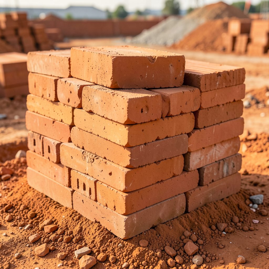Stack of red clay bricks on a construction site, warm terracotta hues