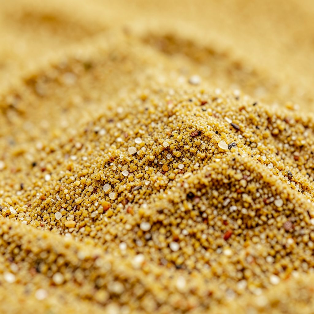 Close-up of golden construction sand with visible grain texture, warm earthy tones