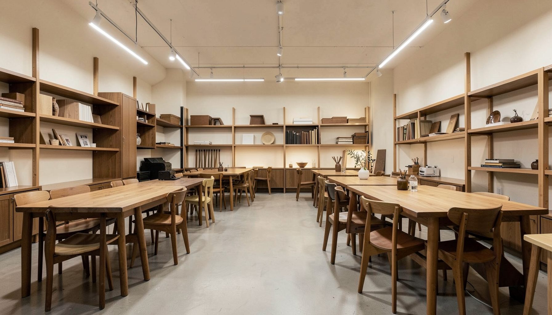 A modern furniture workshop interior with wooden tables, chairs, and shelving units arranged neatly, warm brown and cream tones, soft workshop lighting